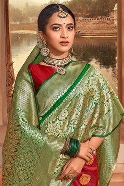Bhelpuri Green & Red Jacquard Silk Paithani With Jacquard Work Traditional Saree with Blouse Piece