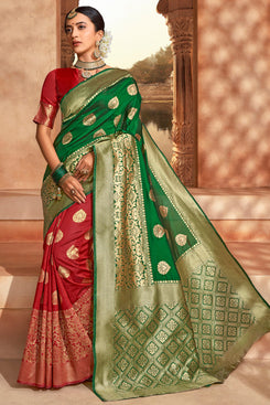 Bhelpuri Green & Red Jacquard Silk Paithani With Jacquard Work Traditional Saree with Blouse Piece