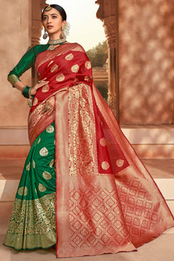 Bhelpuri Red & Green Jacquard Silk Paithani With Jacquard Work Traditional Saree with Blouse Piece