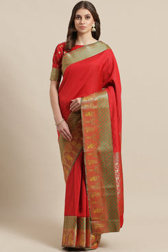 Bhelpuri Red Silk Blend Woven Saree with Red Blouse Piece