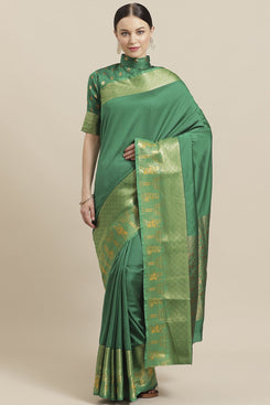 Bhelpuri Green Silk Blend Woven Saree with Green Blouse Piece