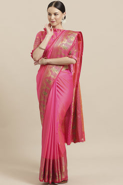 Bhelpuri Pink Silk Blend Woven Saree with Pink Blouse Piece