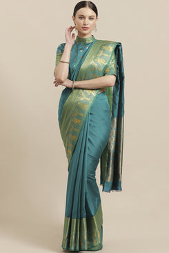 Bhelpuri Rama Green Silk Blend Woven Saree with Rama Green Blouse Piece