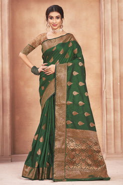 Admyrin Green Cotton Silk Woven Saree with Blouse Piece