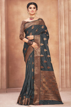 Admyrin Grey Cotton Silk Woven Saree with Blouse Piece