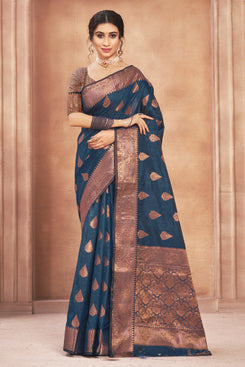 Admyrin Blue Cotton Silk Woven Saree with Blouse Piece