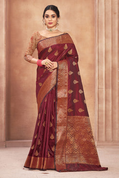 Admyrin Blood Red Cotton Silk Woven Saree with Blouse Piece
