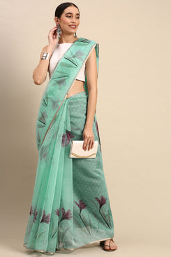Admyrin Light Green Organza Floral Printed Saree with Blouse Piece