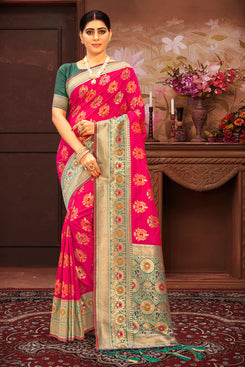 Admyrin Pink Banarasi Silk Woven Rich Pallu Saree with Blouse Piece