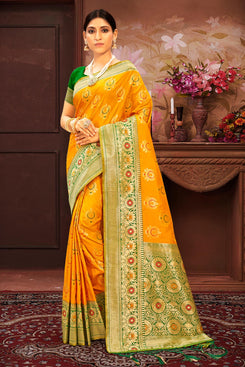 Admyrin Mustard Banarasi Silk Woven Rich Pallu Saree with Blouse Piece
