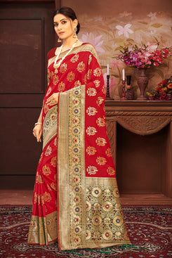 Admyrin Red Banarasi Silk Woven Rich Pallu Saree with Blouse Piece