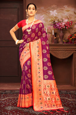 Admyrin Magenta Pink Banarasi Silk Woven Rich Pallu Saree with Blouse Piece