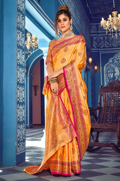 Admyrin Bright & Beautiful Mustard Banarasi Silk Woven Saree with Blouse Piece