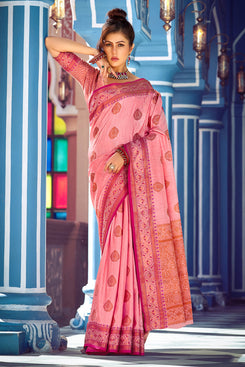 Admyrin Bright & Beautiful Light Pink Banarasi Silk Woven Saree with Blouse Piece