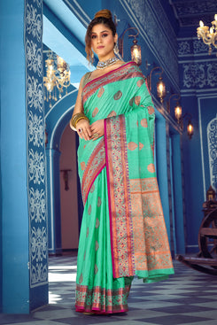 Admyrin Bright & Beautiful Green Banarasi Silk Woven Saree with Blouse Piece