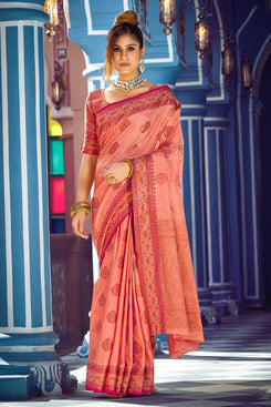 Admyrin Bright & Beautiful Peach Banarasi Silk Woven Saree with Blouse Piece