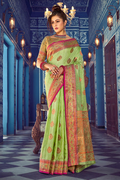 Admyrin Bright & Beautiful Light Green Banarasi Silk Woven Saree with Blouse Piece