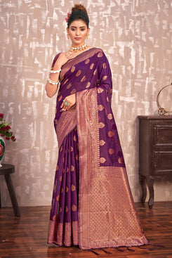 Admyrin Beautiful Purple Cotton Silk Woven Saree with Blouse Piece