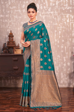 Admyrin Beautiful Green Cotton Silk Woven Saree with Blouse Piece