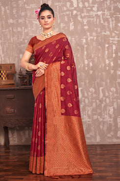 Admyrin Beautiful Maroon Cotton Silk Woven Saree with Blouse Piece