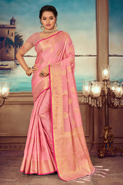 Admyrin Pink Banarasi Silk Woven Saree with Blouse Piece