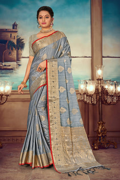 Admyrin Grey Banarasi Silk Woven Saree with Blouse Piece