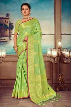 Admyrin Light Green Banarasi Silk Woven Saree with Blouse Piece