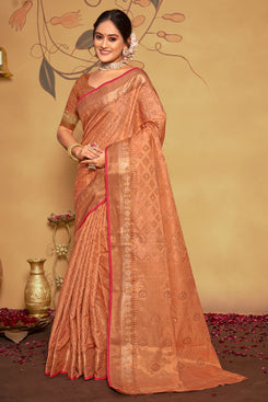Admyrin Beautiful Orange Banarasi Silk Woven Saree with Blouse Piece