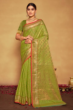 Admyrin Beautiful Green Banarasi Silk Woven Saree with Blouse Piece