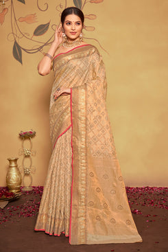 Admyrin Beautiful Peach Banarasi Silk Woven Saree with Blouse Piece