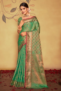 Admyrin Beautiful Dark Green Banarasi Silk Woven Saree with Blouse Piece