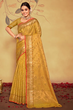 Admyrin Beautiful Mustard Banarasi Silk Woven Saree with Blouse Piece