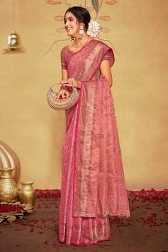 Admyrin Beautiful Pink Banarasi Silk Woven Saree with Blouse Piece