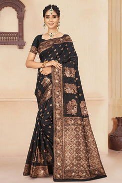 Admyrin Black & Gold Cotton Silk Woven Saree with Blouse Piece