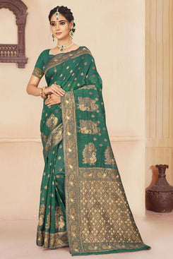 Admyrin Green & Gold Cotton Silk Woven Saree with Blouse Piece