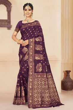 Admyrin Purple & Gold Cotton Silk Woven Saree with Blouse Piece