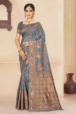 Admyrin Grey & Gold Cotton Silk Woven Saree with Blouse Piece