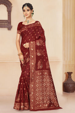 Admyrin Maroon Cotton Silk Woven Saree with Blouse Piece