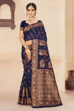 Admyrin Navy Blue Cotton Silk Woven Saree with Blouse Piece