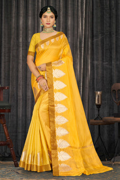 Admyrin Yellow Cotton Woven Saree with Blouse Piece