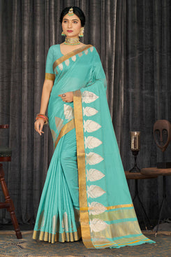 Admyrin Light Green Cotton Woven Saree with Blouse Piece