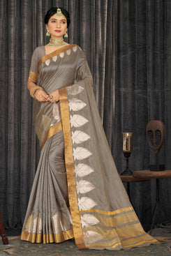 Admyrin Grey Cotton Woven Saree with Blouse Piece