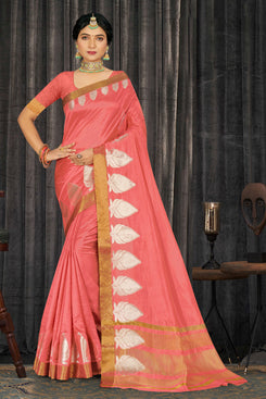 Admyrin Pink Cotton Woven Saree with Blouse Piece