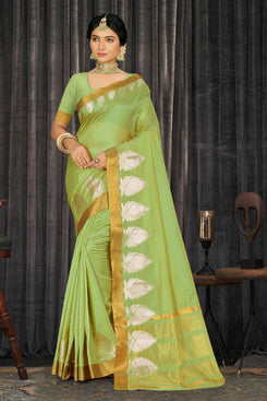 Admyrin Green Cotton Woven Saree with Blouse Piece