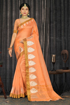 Admyrin Orange Cotton Woven Saree with Blouse Piece