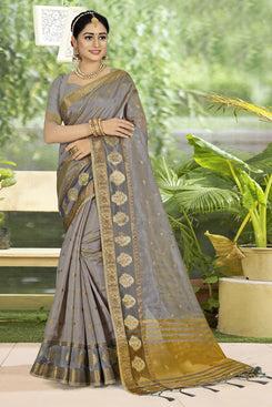 Admyrin Grey Organza Woven Saree with Blouse Piece