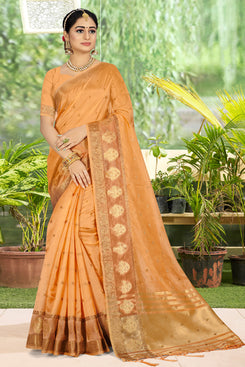 Admyrin Orange Organza Woven Saree with Blouse Piece