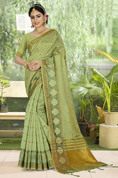 Admyrin Dark Green Organza Woven Saree with Blouse Piece