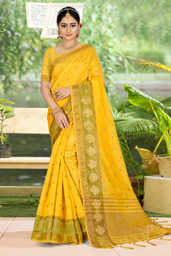 Admyrin Yellow Organza Woven Saree with Blouse Piece
