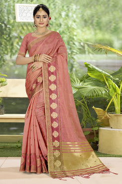 Admyrin Peach Organza Woven Saree with Blouse Piece